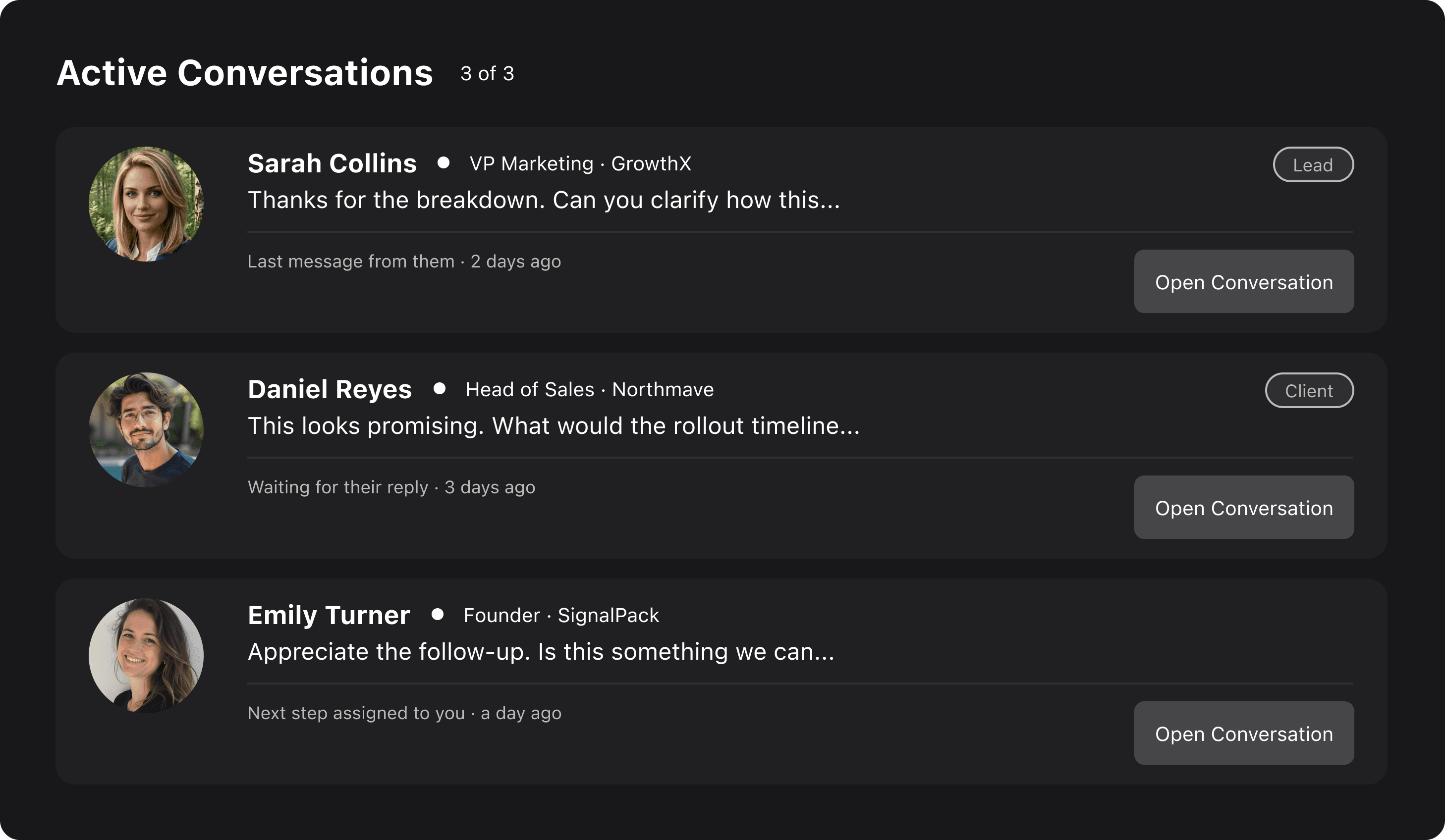 Product interface showing conversation tracking