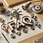 3D "FAQ" letters, light bulb, and question marks on a desk with a notebook, cup, and clock.