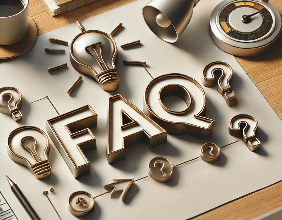 3D "FAQ" letters, light bulb, and question marks on a desk with a notebook, cup, and clock.