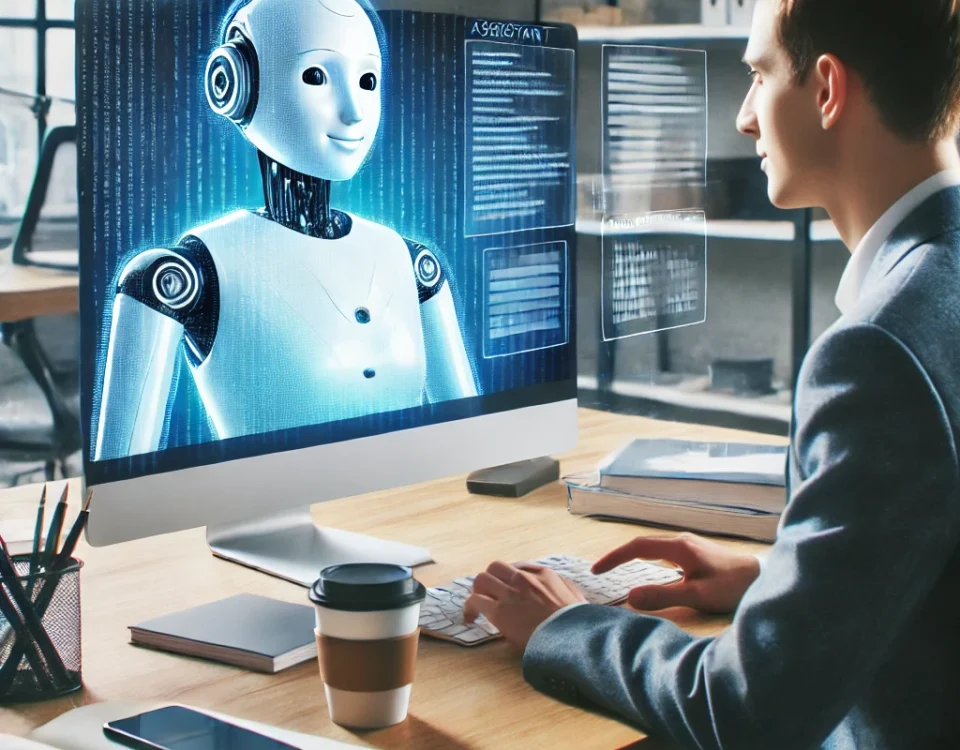 A person interacts with a robot interface on a computer monitor at a desk in an office.